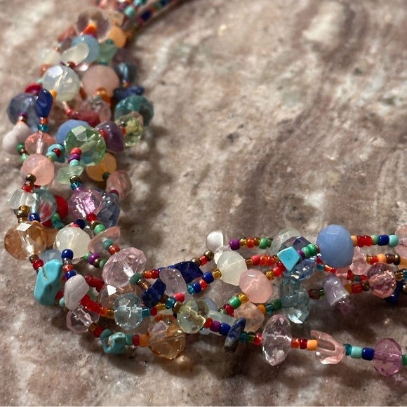 3x25* Multicolor 5 Strand Beaded Gemstone & Glass Beads Chocker Necklace Vibrant - Picture 8 of 16